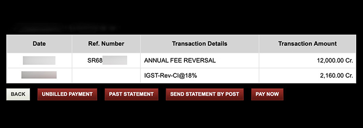 ICICI Emeralde credit card fee reversal