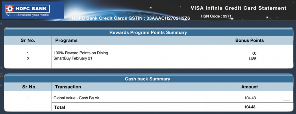 HDFC Infinia Statement with: Bonus Reward Points Summary