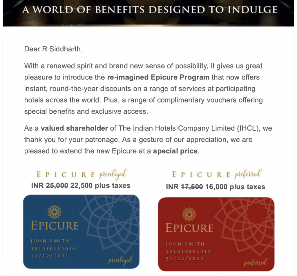 IHCL Shareholder epicure offer