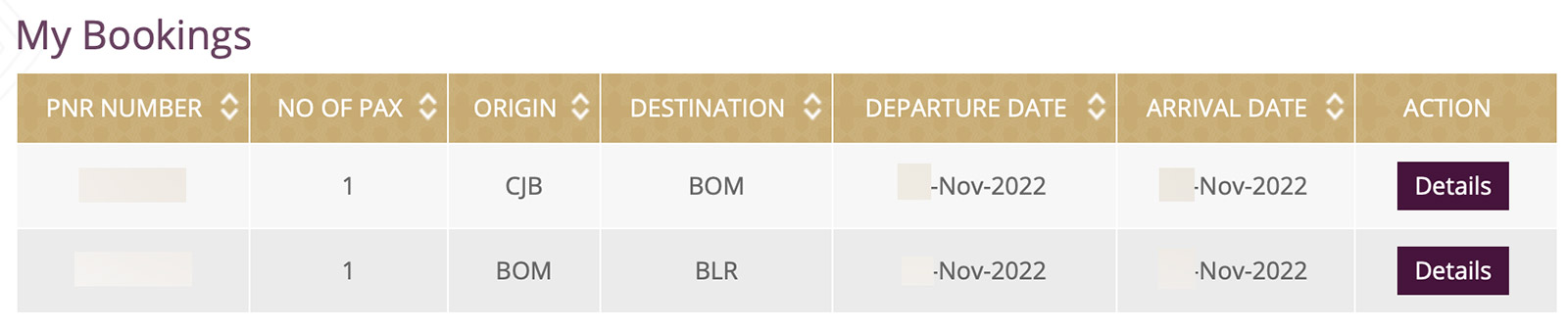 Upcoming Vistara Bookings