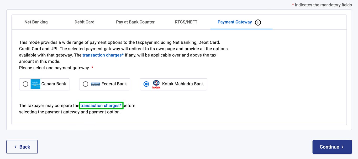 Income Tax eFiling Portal - Choose Payment Gateway