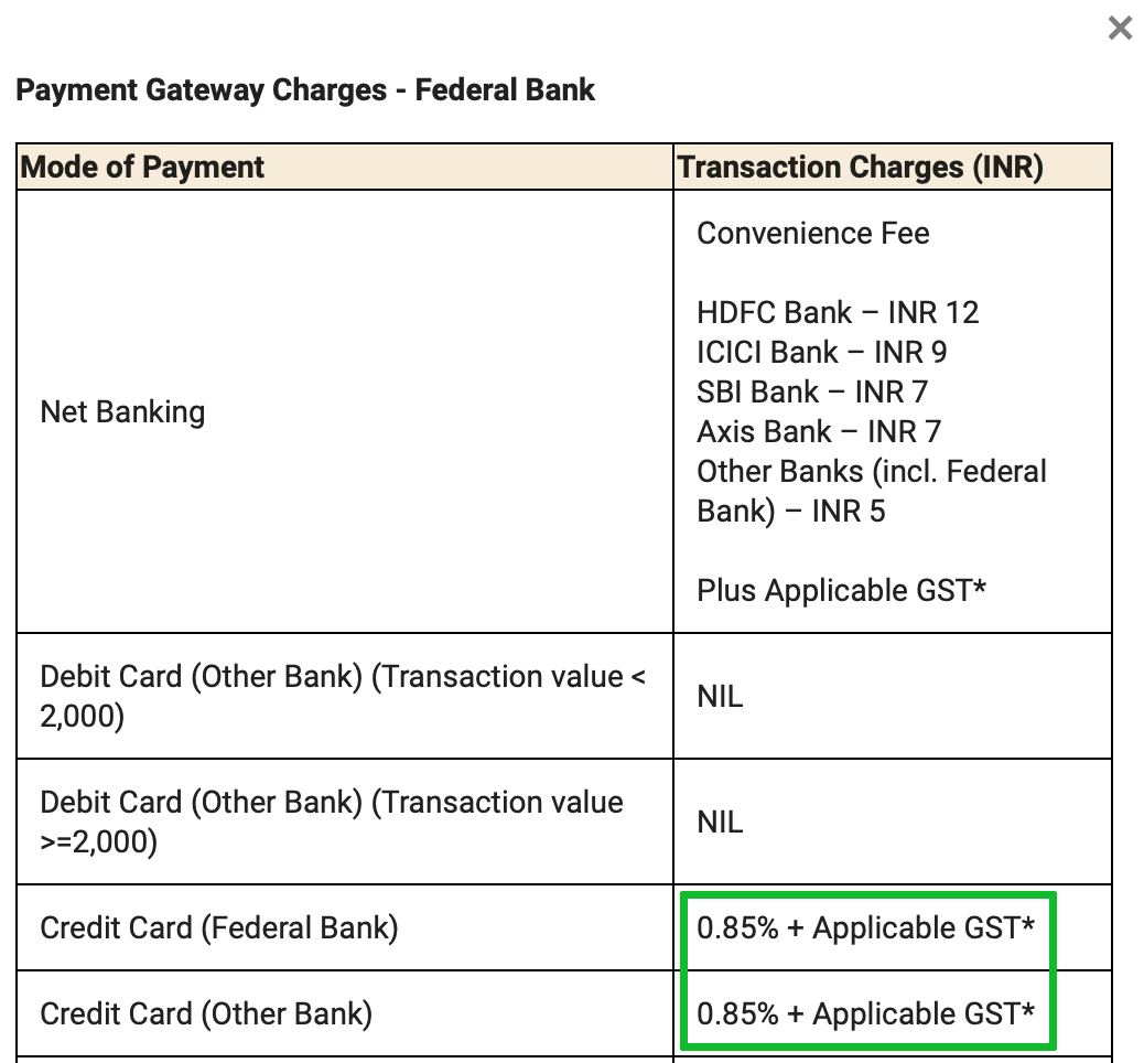 Transaction Charges - Federal Bank Payment Gateway