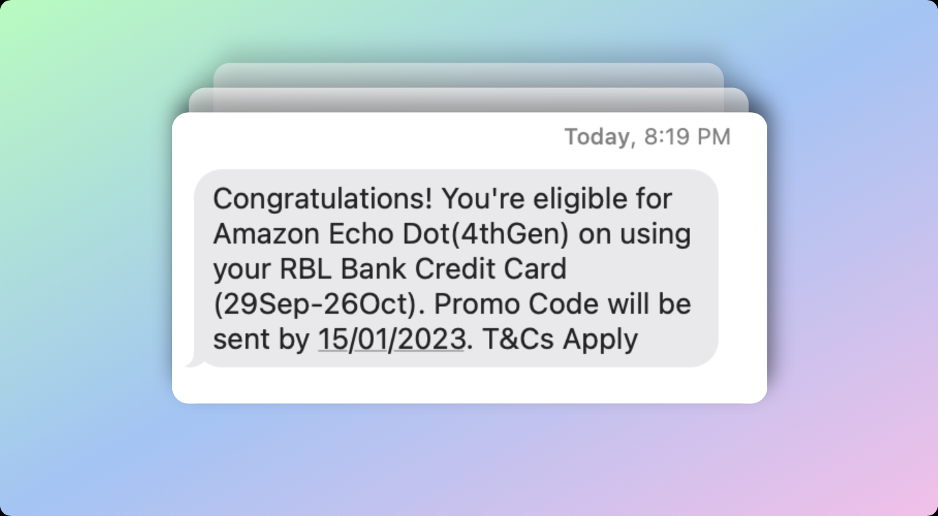 RBL Amazon Echo Dot Offer Confirmation SMS