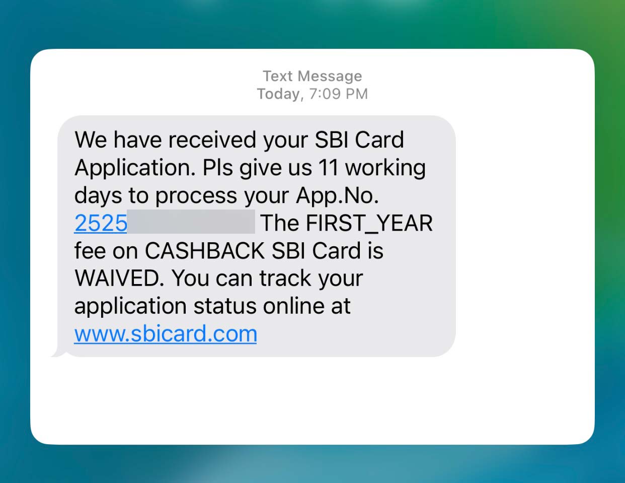 SBI Cashback Card application alert