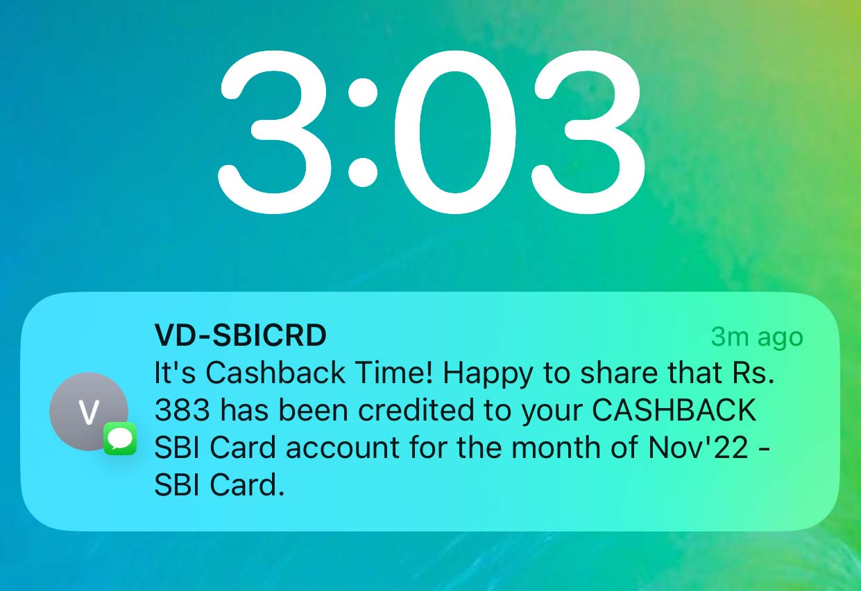 SBI Cashback Card - credit notification