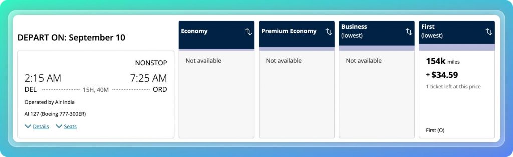 United Award ticket - India to US first Class