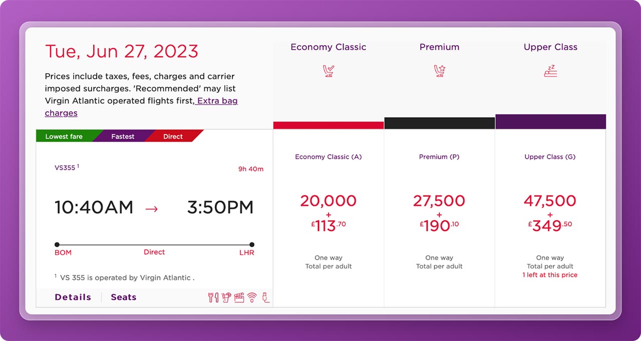 Redeem Virgin Atlantic Miles - available options