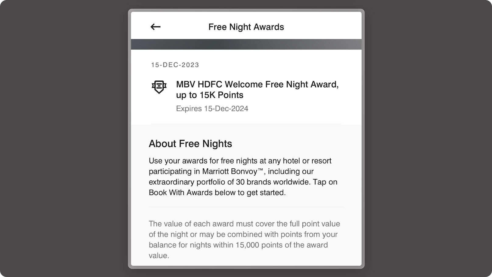 hdfc marriott free night award details