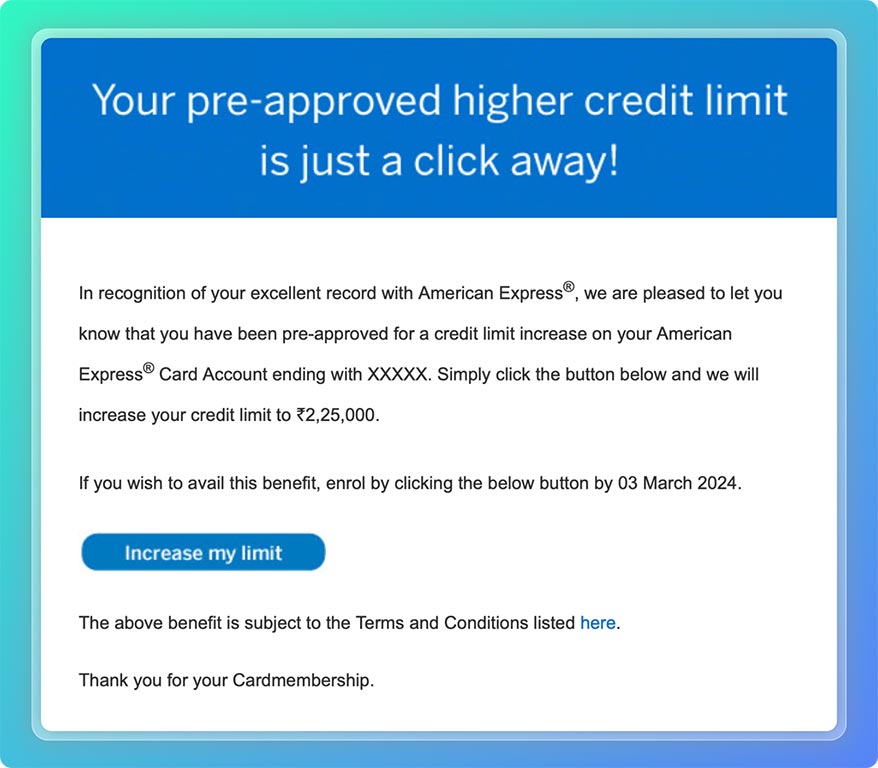 Amex auto credit limit enhancement email alert