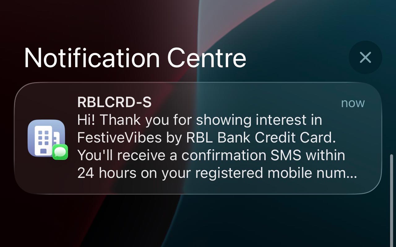 RBL Festive Offer SMS Confirmation screenshot