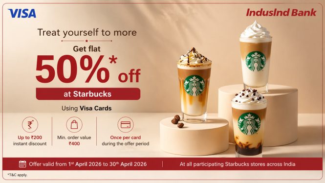50% Off at Starbucks with IndusInd Bank Visa Credit Cards